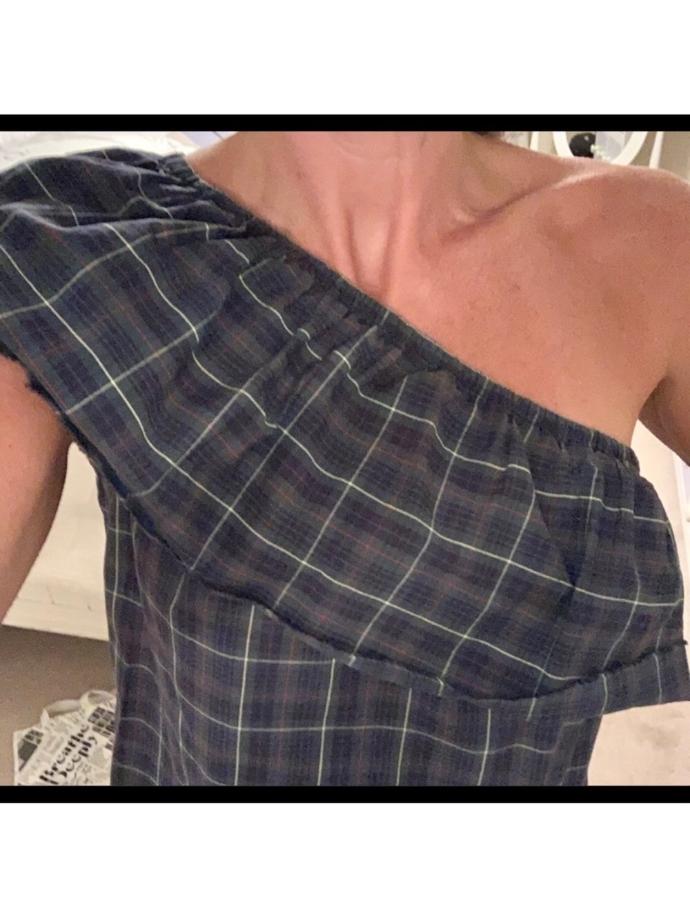 Bailey 44 Blue Plaid Off Shoulder Ruffle Top XS flowy Made in USA blue red